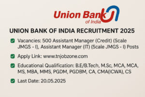Union Bank of India SO Recruitment 2025-26 - 500 vacancies for Assistant Manager (Credit & IT). Apply online before 20 May 2025