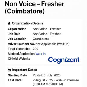 Cognizant Non Voice Jobs 2025 for Freshers in Coimbatore – 200 Non Voice Openings – Arts & Science Graduates – TN Job Zone