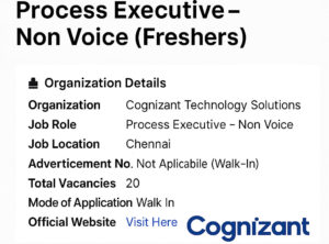 Cognizant Walk-In Interview 2025 for Freshers in Chennai – Process Executive Non Voice – 2nd August – TN Job Zone