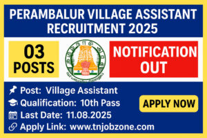 Perambalur Village Assistant Recruitment 2025 – 3 Vacancies – Apply Offline by 05.08.2025 – Tamil Nadu Revenue Dept Jobs – 10th Pass Eligible