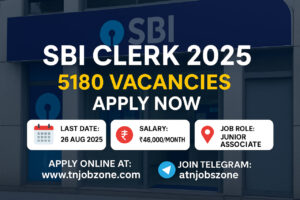 SBI Clerk 2025 Recruitment Image – 5180 Vacancies, Apply Online, Last Date 26 August – tnjobzone.com