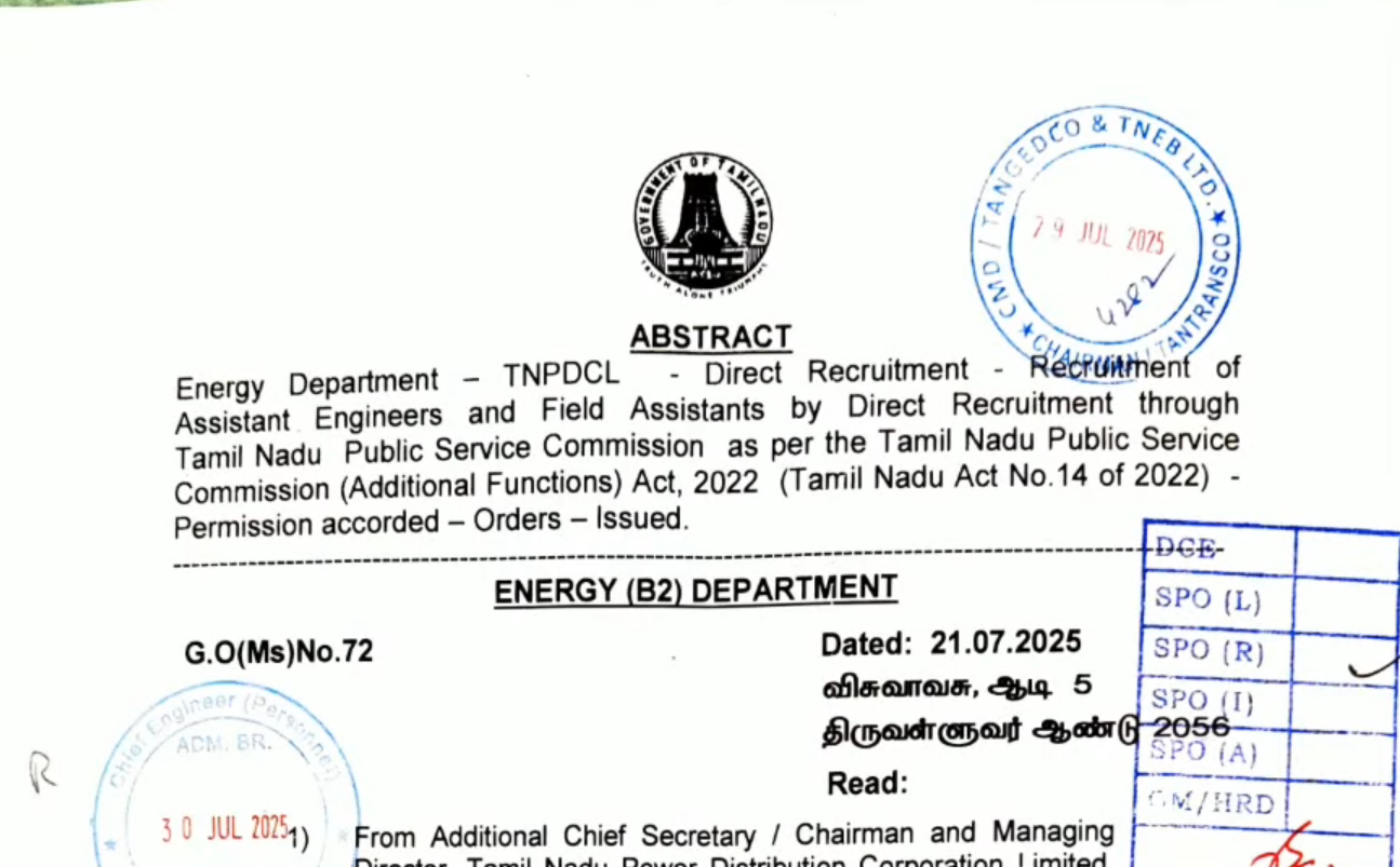 TNEB AE G.O. Ms.No.72 dated 21.07.2025