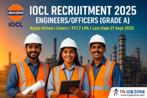 IOCL Recruitment 2025 Engineers/Officers – Apply Online. Banner with Tamil engineers, IOCL logo, and TN Job Zone branding with website www.tnjobzone.com .
