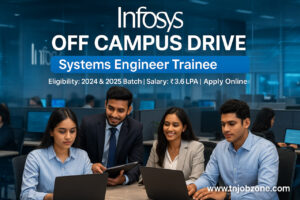 Infosys Off Campus Drive – Systems Engineer Trainee Recruitment 2025 banner with Infosys office background, young graduates working on laptops, salary ₹3.6 LPA, eligibility 2024 & 2025 batch, and www.tnjobzone.com branding.