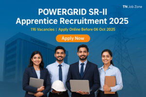 POWERGRID SR-II Apprentice Recruitment 2025 banner showing young Tamil professionals with laptops and helmets in front of POWERGRID building and transmission towers, highlighting 116 vacancies with Apply Now button and TN Job Zone branding.