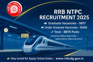 RRB NTPC Recruitment 2025 banner showing a modern Indian Railways train at a railway station with vacancy details: Graduate 5817, Under Graduate 3058, Total 8875 posts, and note 'Vacancy Status Approved – Applications Opening Soon'.