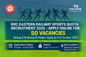 RRC ER Sports Quota Recruitment 2025 – Apply 50 Posts.RRC Eastern Railway Sports Quota Recruitment 2025 – Apply Online for 50 Group C & D Vacancies, eligibility, age, salary, last date Oct 9