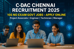 C-DAC Chennai Recruitment 2025 banner – 105 No Exam Govt Jobs Apply Online. Young Indian professionals with laptops in IT office, AI, Cloud, Cyber Security, IoT, Quantum icons, TN Job Zone branding.