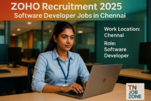 ZOHO Recruitment 2025 – Tamil female software developer working on laptop in a modern IT office in Chennai, job details with location and role highlighted, TN Job Zone logo