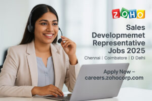 Zoho Sales Development Representative Recruitment 2025 – Tamil candidate in office setting applying online for Zoho jobs in Chennai, Coimbatore, and Delhi.