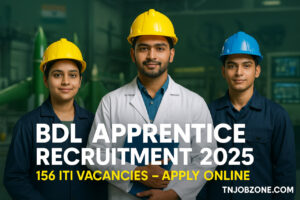 BDL trade Apprentice Recruitment 2025 promotional image showing ITI candidates in safety helmets standing inside a defence manufacturing facility with missile assembly background, displaying text ‘156 ITI Vacancies – Apply Online’ and TNJOBZONE.com branding.