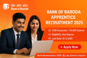 Bank of Baroda Apprentice Recruitment 2025 – Tamil candidates applying online for 2700 Bank Jobs with ₹15,000 stipend, featuring Tamil tagline and Apply Now button