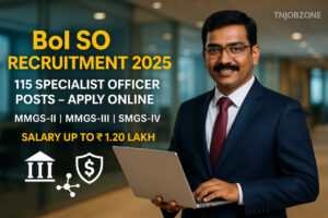 BoI SO Recruitment 2025 notification banner showing 115 Specialist Officer vacancies with salary details and online application dates.