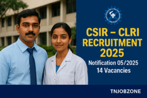 CSIR CLRI Recruitment 2025 banner showing Tamil-looking male professional in formal shirt and tie and a female research associate in a lab coat standing in front of the CLRI Chennai campus, with bold text displaying Notification 05/2025 and 14 Vacancies, TNJOBZONE branding.