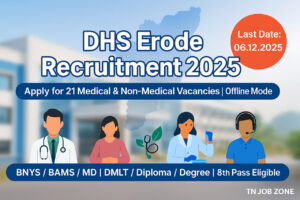 DHS Erode Recruitment 2025 – 21 vacancies for BNYS, BAMS, Siddha Doctor, Lab Technician, Special Educator, Counsellor and Data Assistant under District Health Society Erode.