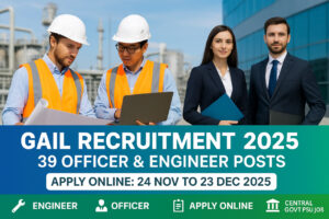 GAIL Recruitment 2025 banner showing engineers with safety helmets and corporate officers, highlighting 39 Officer and Engineer posts with apply online dates from 24 November to 23 December 2025