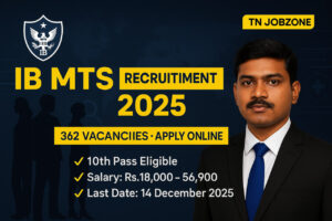IB MTS Recruitment 2025 banner showing Tamilan officer photo, 362 vacancies, eligibility details, salary Rs 18,000–56,900, apply online last date 14 December 2025 – TN Jobzone