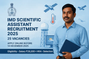 IMD Scientific Assistant Recruitment 2025 website banner with meteorology theme, 25 vacancies, apply online details.
