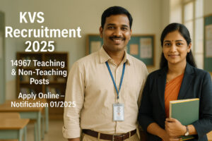 KVS Recruitment 2025 banner showing Tamil Nadu school teachers, a male and female teacher standing in a classroom, promoting 14967 teaching and non-teaching vacancies under Notification 01/2025.