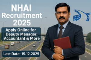 Exciting NHAI Recruitment 2025 banner showing a Tamil professional in a suit holding a red file, standing on a highway with the NHAI logo, promoting Deputy Manager and Accountant job openings.