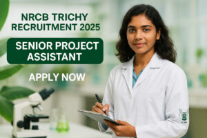 NRCB Senior Project Assistant Recruitment 2025 banner with Senior Project Assistant job announcement in ICAR Banana Research Centre laboratory background.