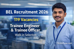 BEL Recruitment 2026 website banner showing Tamil candidate for Trainee Engineer and Trainee Officer jobs – TNJobZone
