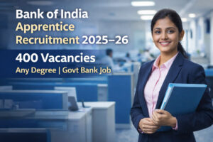 Bank of India Apprentice Recruitment 2025–26 banner showing 400 vacancies for any degree government bank job with young Indian woman