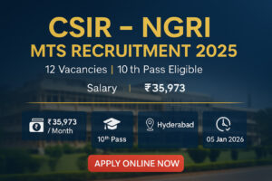CSIR NGRI MTS Recruitment 2025 banner showing 12 vacancies for 10th pass candidates with salary ₹35,973 per month and apply online button