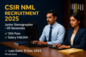 CSIR NML Junior Stenographer Recruitment 2025 banner showing two Indian office professionals working at computers with job details on a dark blue and gold theme.
