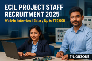 ECIL Project Staff Recruitment 2025 Walk In Interview banner with Indian engineers working in government electronics office