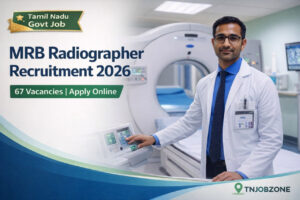 Tamil Nadu MRB Radiographer Recruitment 2026 official notification banner showing medical imaging professionals and government hospital background.