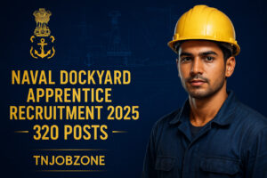 Naval Dockyard Apprentice Recruitment 2025 banner in navy blue and gold theme featuring Indian Navy emblem, anchor symbol, blueprint ship design, realistic Trade Apprentice with safety helmet, and TNJOBZONE branding