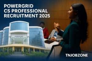 POWERGRID CS Recruitment 2025-Professional POWERGRID Company Secretary Recruitment 2025 banner showing Indian corporate professionals with government PSU theme in blue and gold.