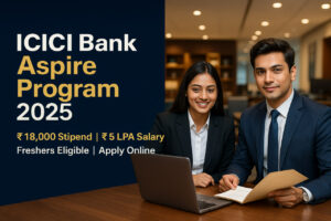 Professional ICICI Bank Aspire Program 2025 recruitment banner showing young Indian male and female employees working in a modern private bank office with laptop and customer files.