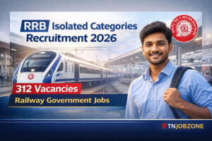RRB Isolated Categories Recruitment 2026 website banner with Tamil candidate face and Indian Railways background by TNJOBZONE