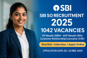 SBI SO Recruitment 2025 banner showing a Tamil-looking female professional in formal attire, SBI blue corporate background, and key details such as 1042 vacancies, VP Wealth SRM, AVP Wealth RM, Customer Relationship Executive (CRE), shortlist + interview, and application dates 02–23 Dec 2025.
