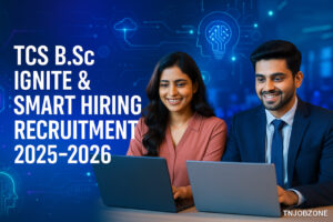 TCS BSc Ignite Smart Hiring Recruitment 2025-26 banner showing students, IT career opportunities, and TCS hiring announcement.