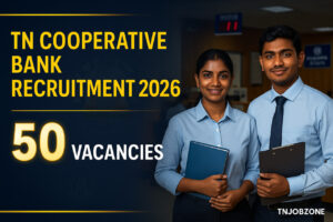 TN Cooperative Bank Assistant Recruitment 2026 banner with Tamil-looking Indian youth in cooperative bank background, 50 vacancies highlighted, navy blue theme.