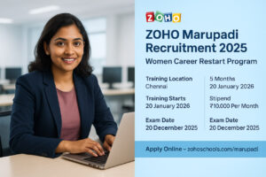 Zoho Marupadi Recruitment 2025 banner for women career restart program with 10000 stipend per month in Chennai
