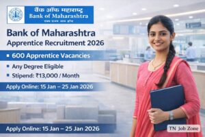 Bank of Maharashtra Apprentice Recruitment 2026 banner featuring a Tamil woman with traditional braid (judi) in a bank setting, highlighting 600 apprentice vacancies, any degree eligibility, ₹13,000 stipend, and online application dates from 15 to 25 January 2026.
