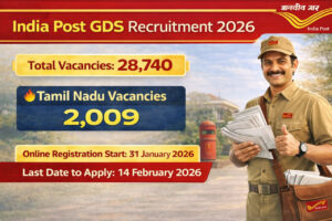 India Post GDS Recruitment 2026 website banner showing an Indian postman delivering letters with 28,740 vacancies, highlighted Tamil Nadu 2,009 posts, and application period from 31 January to 14 February 2026.