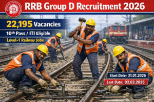 RRB Group D Recruitment 2026 website banner – ரெயில்வே track maintenance பணியில் ஈடுபடும் தமிழ்நாடு தொழிலாளர்கள், RRB லோகோ உடன், 22,195 Level-1 காலியிடங்கள், 10th Pass / ITI தகுதி மற்றும் விண்ணப்ப தேதிகள் (31.01.2026 – 02.03.2026) காட்டும் படம்.