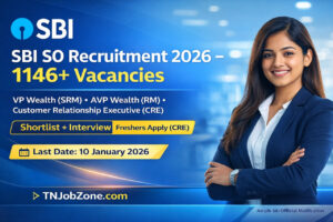 SBI SO Recruitment 2026 website banner showing 1146+ vacancies for VP Wealth, AVP Wealth and Customer Relationship Executive (CRE) posts, Tamil-looking female professional in formal attire, shortlist + interview selection process, last date 10 January 2026, and TNJobZone.com branding.