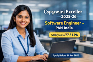 Capgemini Exceller 2025-26 Software Engineer recruitment banner with Tamil female IT professional, PAN India jobs, salary up to 7.5 LPA