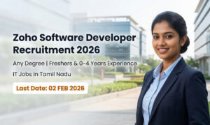 Zoho Software Developer Recruitment 2026 banner with Tamil female professional and Chennai Zoho office background