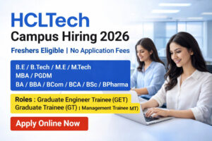 HCLTech Recruitment 2026 recruitment poster featuring a female Indian IT professional with laptop, Graduate Engineer Trainee and MBA freshers eligible, apply online banner