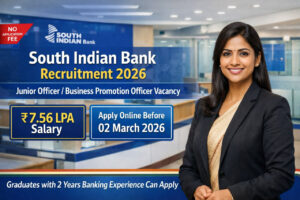 South Indian Bank Recruitment 2026 banner with Tamil female banking professional, ₹7.56 LPA salary and apply online before 02 March 2026