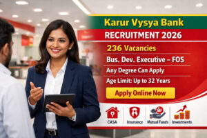 Karur Vysya Bank Recruitment 2026 banner showing Tamil female banking executive with 236 Business Development Executive FOS vacancy details apply online