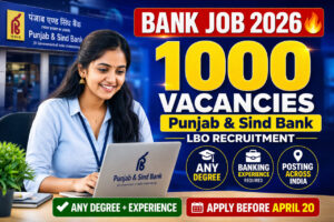 Tamil woman using laptop for Punjab and Sind Bank Recruitment 2026 1000 vacancies LBO apply online bank job India