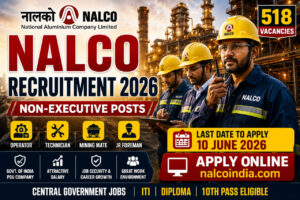 NALCO Non-Executive Recruitment 2026 notification image showing 518 Operator, Technician, Mining Mate, and Junior Foreman vacancies at Damanjodi